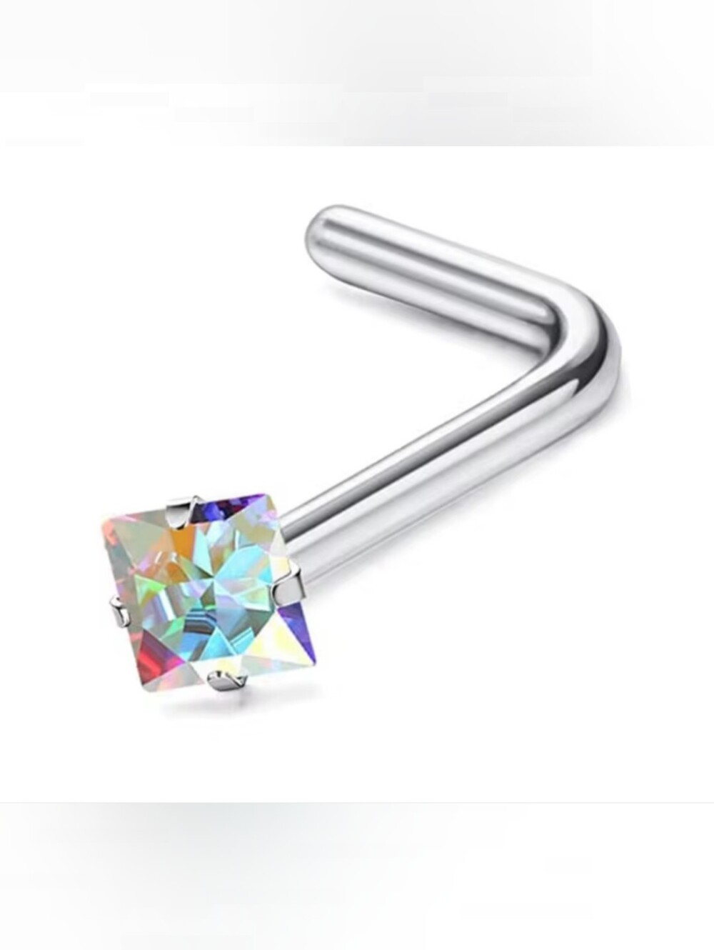L-Shaped Nose Stud with Square Aurora Crystal